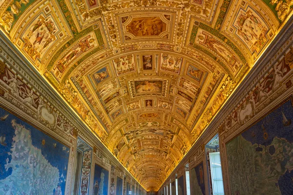 The corridor with the 'golden' ceiling, La Galleria delle carte geografiche, in one of the museums in Vatican City, Rome