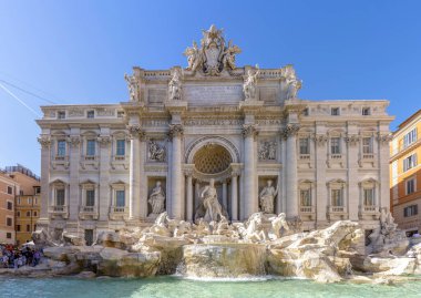 Rome  Italy - 04 26 2022: Panoramic photo of the Trevi Fountain in Rome