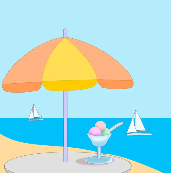 Table with Parasol and Ice Cream — Stock Photo, Image