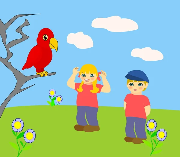 Dzieci i papuga — Zdjęcie stockowe