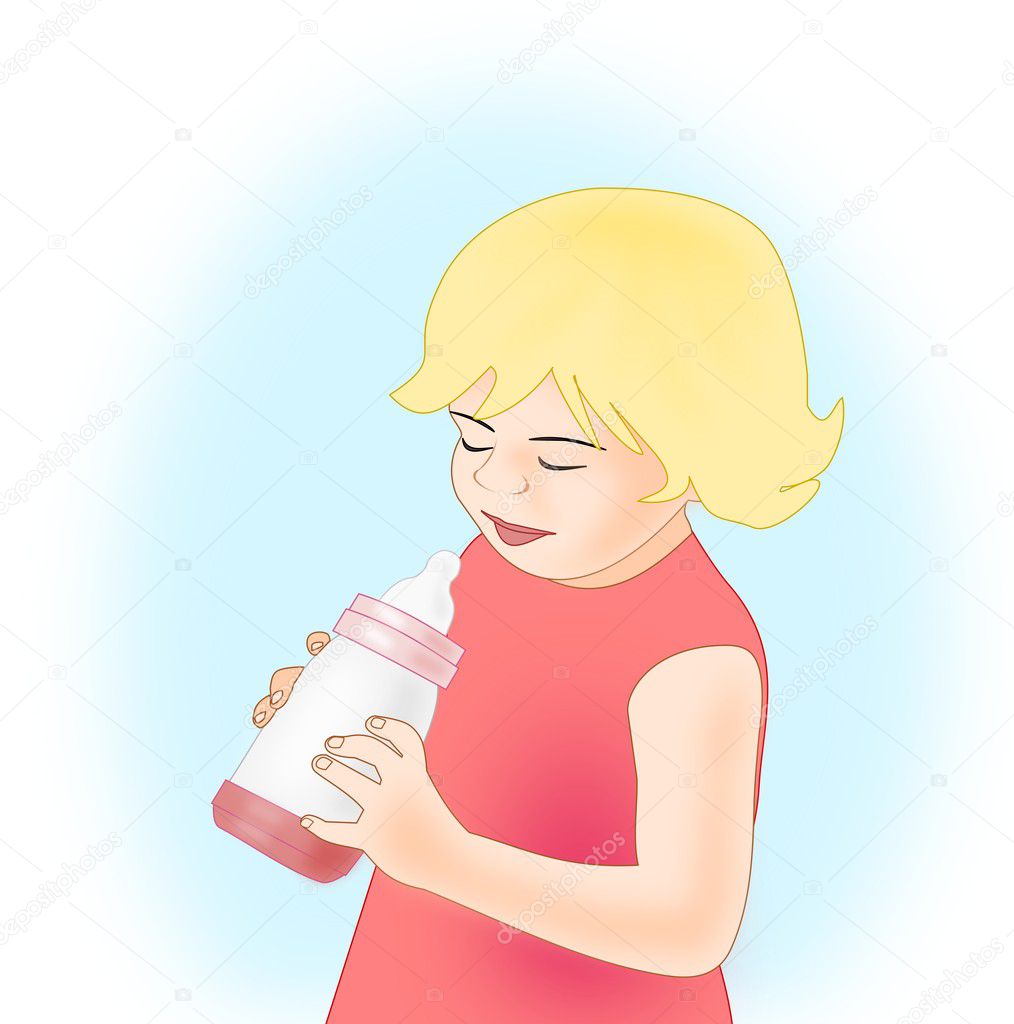 Little Girl with Baby Bottle.