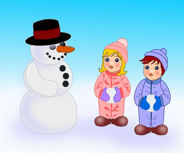 Children and Snowman. — Stock Photo, Image
