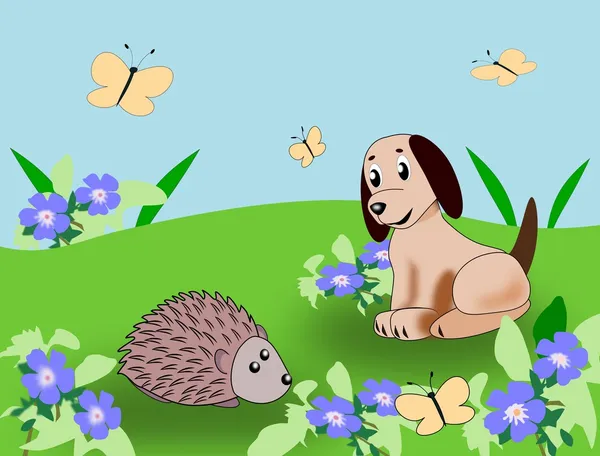 Puppy and Hedgehog Stock Photo