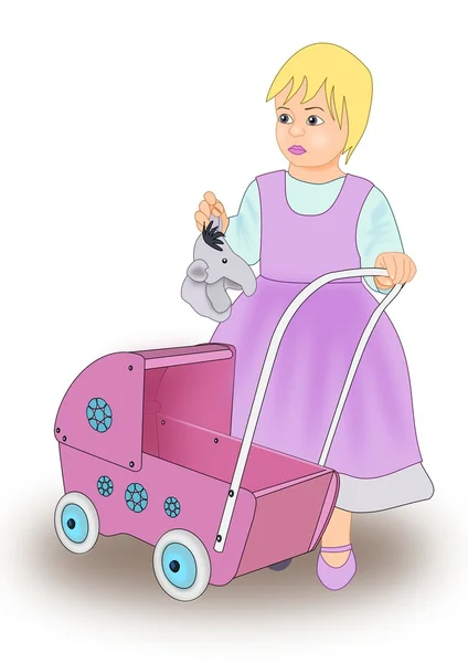 Little Girl with Doll Carriage — Stock Photo, Image