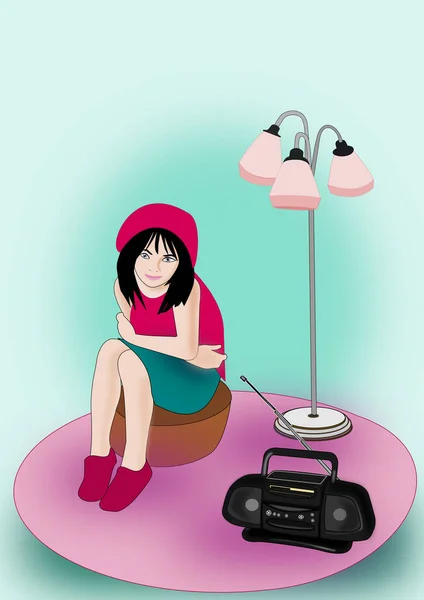 Young Girl Sitting Listening Radio Standing Floor Background Lamp — Stock Photo, Image