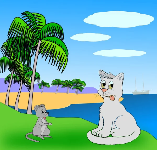 一只猫和一只老鼠坐在海边 这只猫看起来有点不舒服 — 图库照片