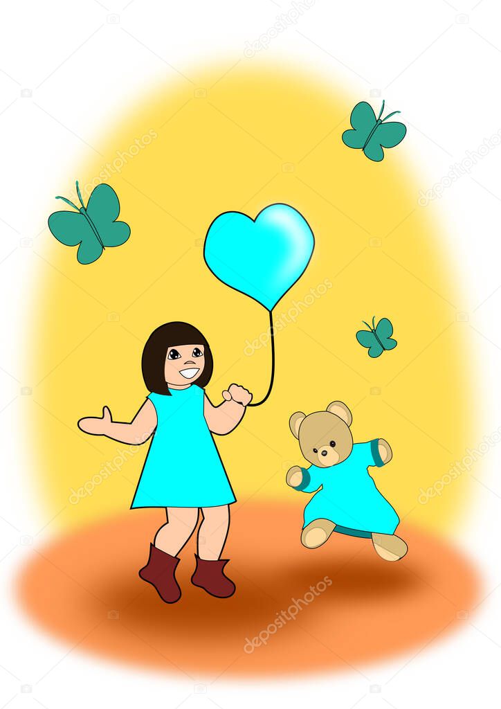 A little girl with a heart-shaped balloon, and a dancing teddy bear, dressed in a turquoise dress.