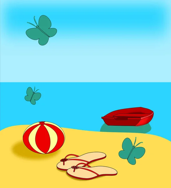 Beach Beach Ball Pair Bathing Shoes Sea Small Red Boat — Zdjęcie stockowe