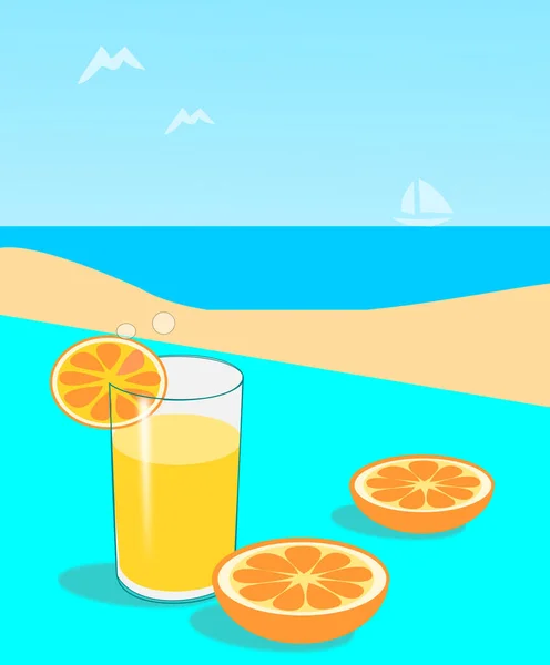 Glass Orange Juice Orange Split Two Turquoise Cloth Background Beach — Stockfoto