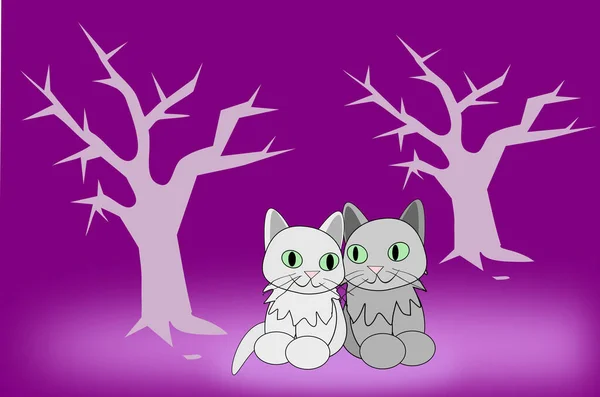 Two Little Cats Sitting Together Some Bare Trees Background Purple — Stock Photo, Image