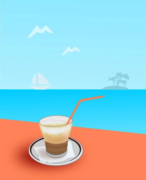 Ein Glas Kaffee Mit Sahne Hintergrund Sieht Man Das Meer — Stockfoto