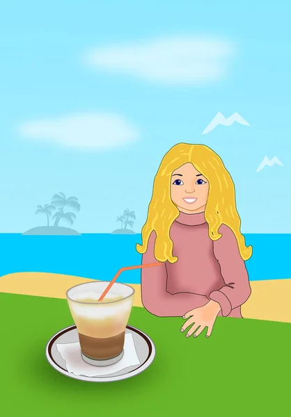 Young Girl Sitting Table Beach Cup Coffee — Φωτογραφία Αρχείου
