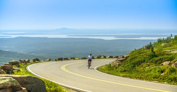 Bicicleta de montaña femenina montando cuesta abajo a lo largo de Cadillac Moun Imágenes De Stock Sin Royalties Gratis