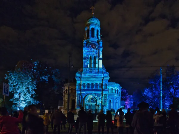 Illuminated Church Lodz Poland September 2018 Alexander Nevsky Orthodox Church — Stock Photo, Image