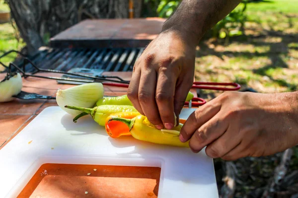 Cooking peppers and onions — Stock Photo, Image