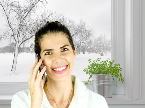 Speaking on the phone on a winter day, lots of snow — Stock Photo, Image