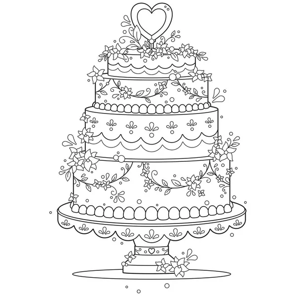 用鲜花和爱心装饰的浪漫婚礼蛋糕的黑白成人彩绘页 — 图库矢量图片