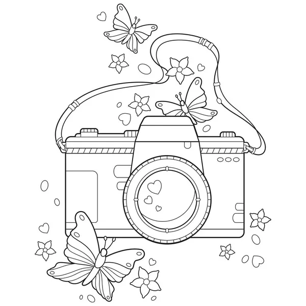 黑色和白色的成人彩色页面的相机在Boho风格与蝴蝶和花卉 — 图库矢量图片#