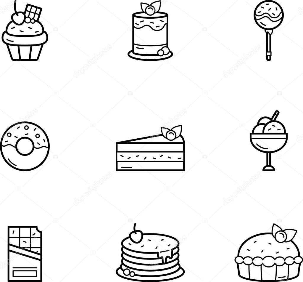 Black and white outlined collection of sweet dessert icons for web and apps usage