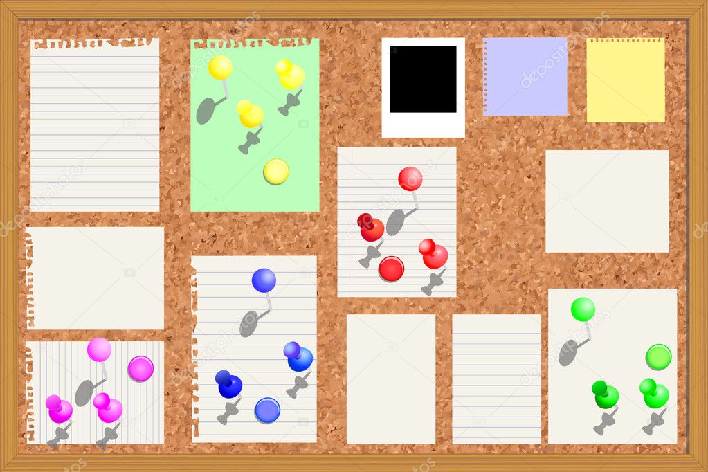 Corkboard with paper notes etc
