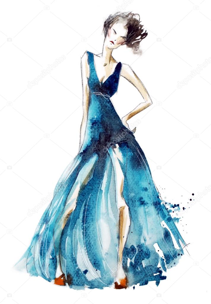 Blue dress fashion illustration, watercolor painting Stock Photo by ...