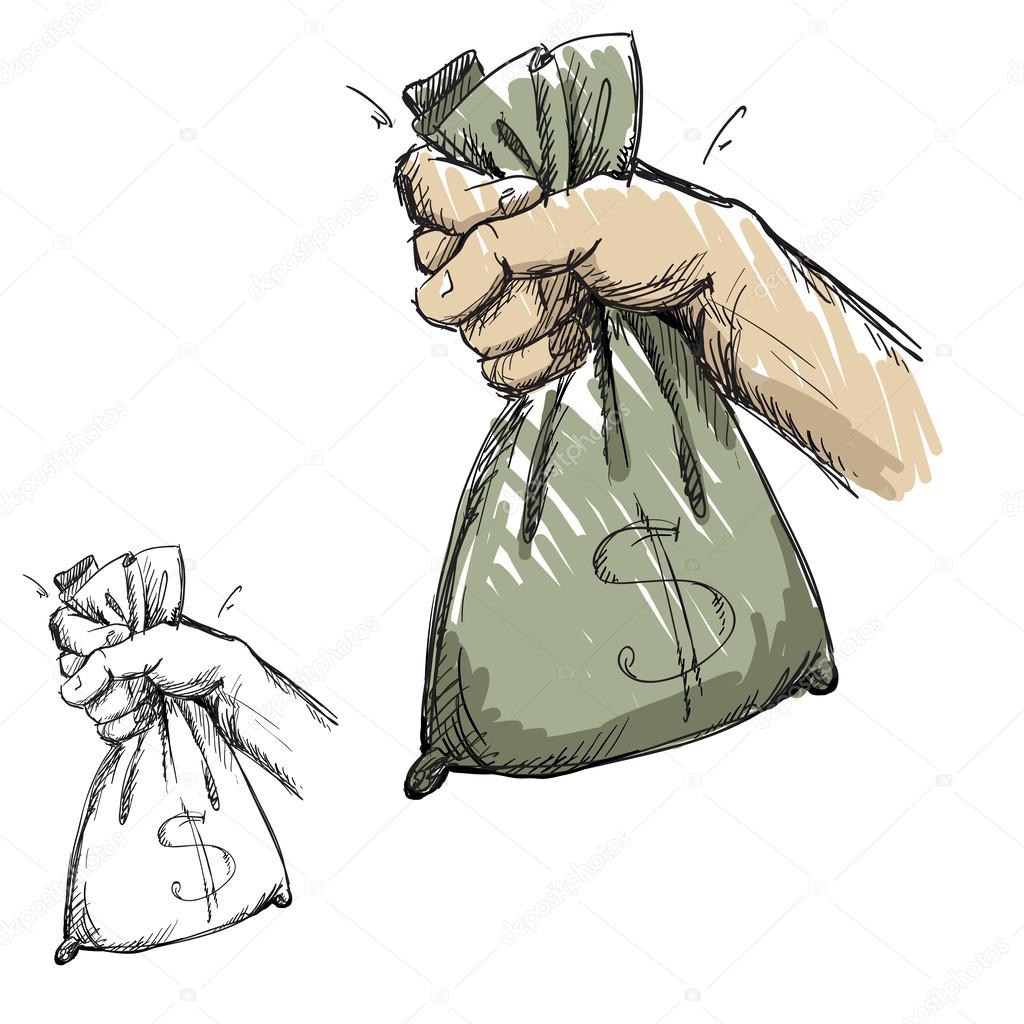 Mano agarrando una bolsa con dinero Vector de stock 24473799 de kamenuka