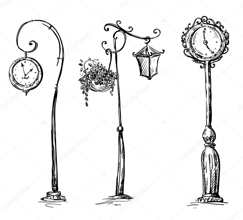 Street clocks and a lamp post, hand-drawn