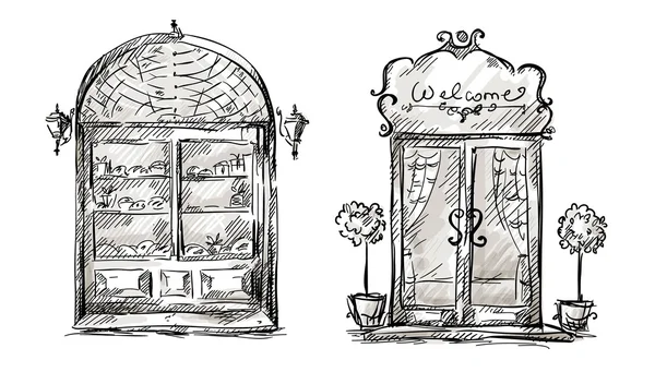 商店的橱窗和入口门绘图、 复古的风格 — 图库矢量图片