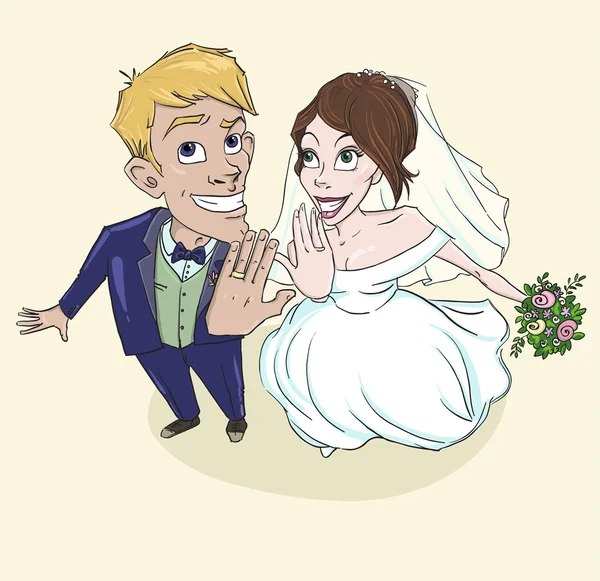 Verheugd huwelijksfeest paar, net getrouwd — Stockvector