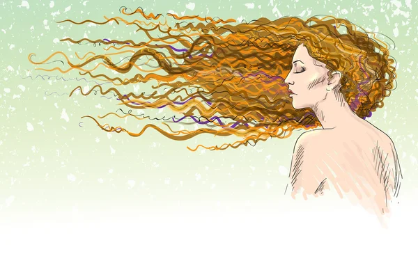 生姜。赤い髪の少女。髪を風に吹かれて. — ストックベクタ