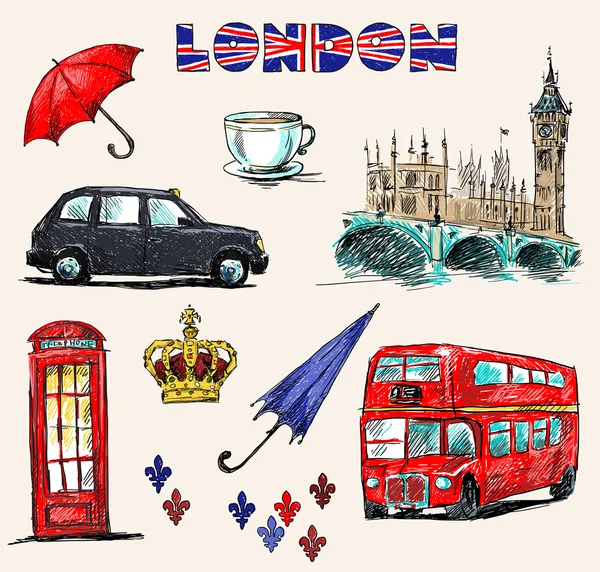 Símbolos de Londres. Conjunto de dibujos . — Vector de stock