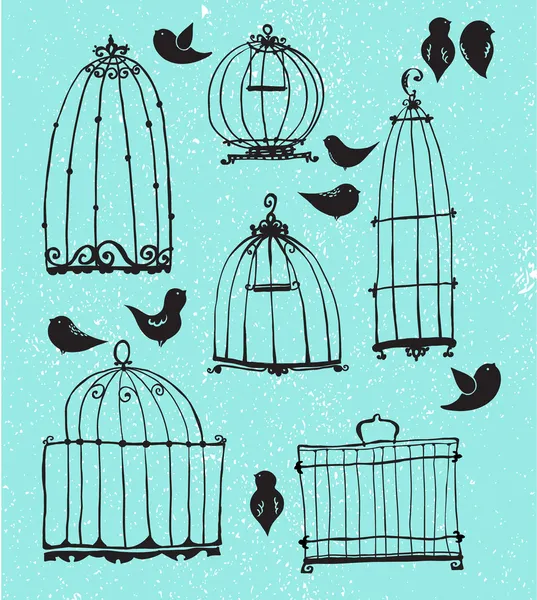 Ensemble de cages à gribouillis et petits oiseaux — Image vectorielle