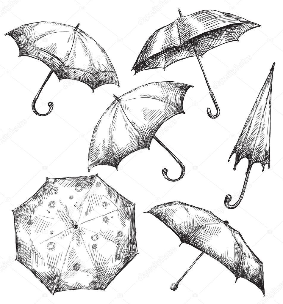 Set of umbrella drawings, hand-drawn