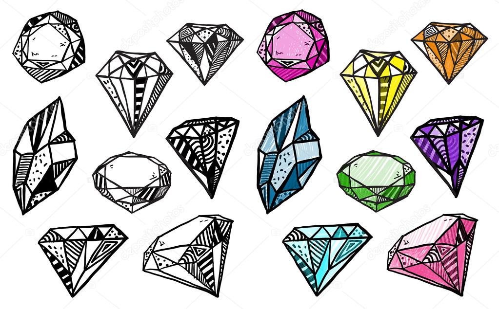 Diamonds. Set of doodle crystals.