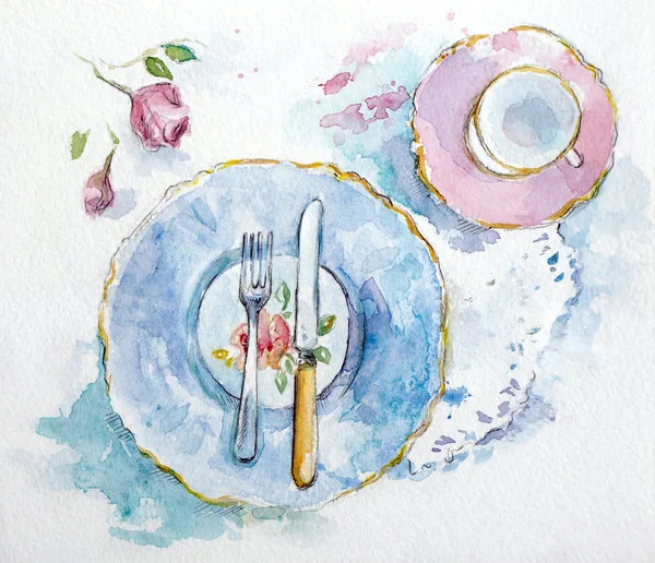 Watercolor table setting — Stock Photo, Image