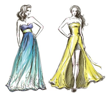 Fashion illustration. Long dress. Catwalk.