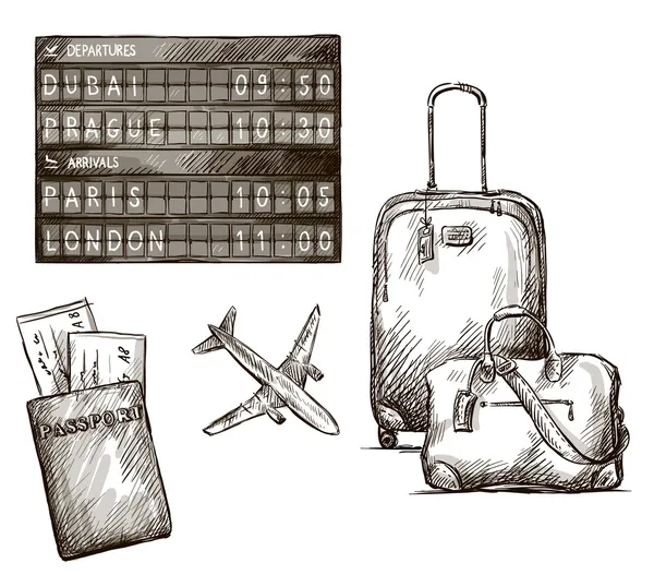 Gli scarabocchi da viaggio in aereo. Disegnato a mano. illustrazione vettoriale . — Vettoriale Stock