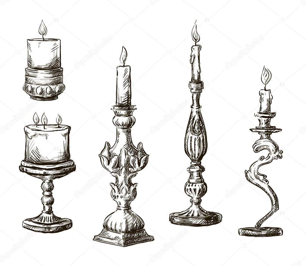 Hand drawn candles. Retro candlesticks.