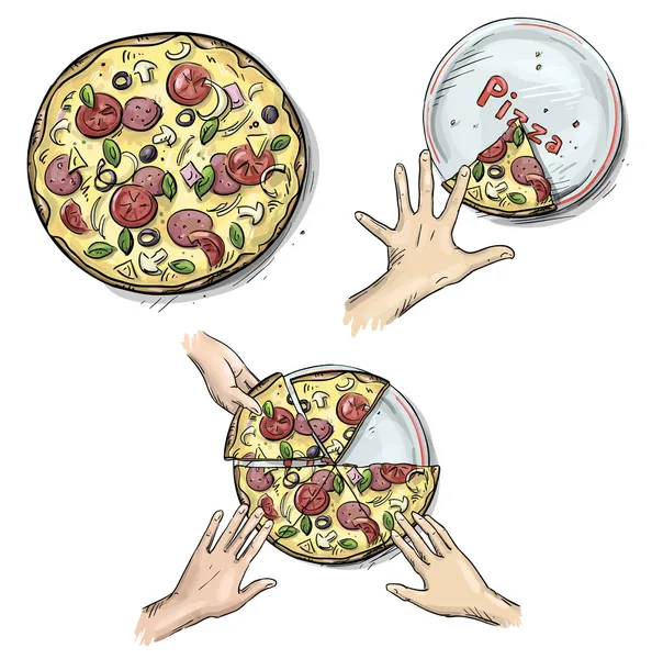 Deliciosa pizza, Manos sosteniendo rebanadas de pizza — Vector de stock