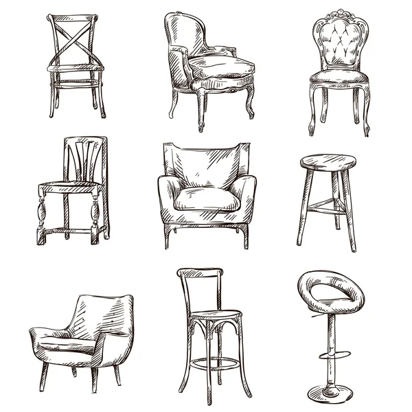 Conjunto de cadeiras desenhadas à mão — Vetor de Stock