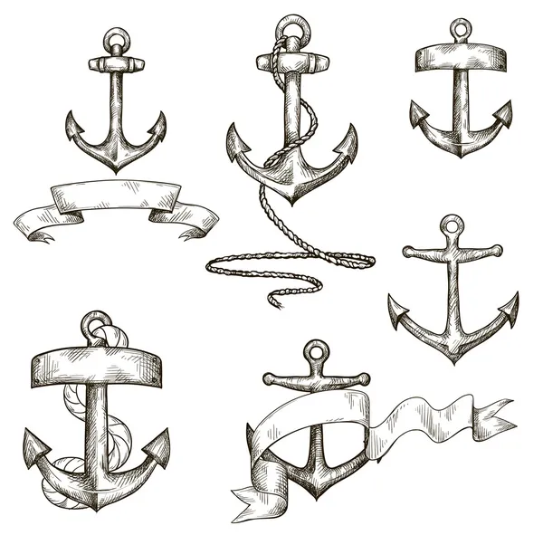 Set of hand drawn anchors and ribbons — Stock Vector