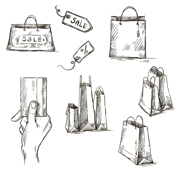 Iconos de compras, etiqueta de venta, bolsas de papel, mano con tarjeta de crédito — Vector de stock