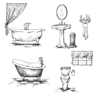 banyo iç unsurları. elle çizilmiş.