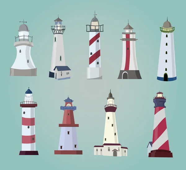 Set of cartoon lighthouses. Flat icons. — Stock Vector