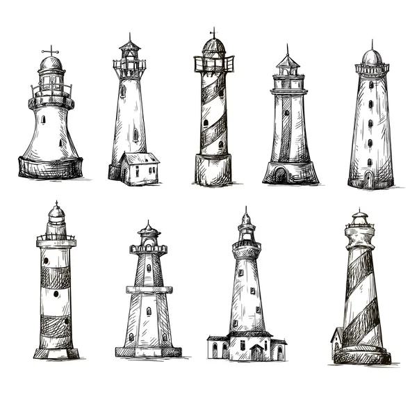 Set of cartoon lighthouses. icons. pencil drawing style. — Stock Vector