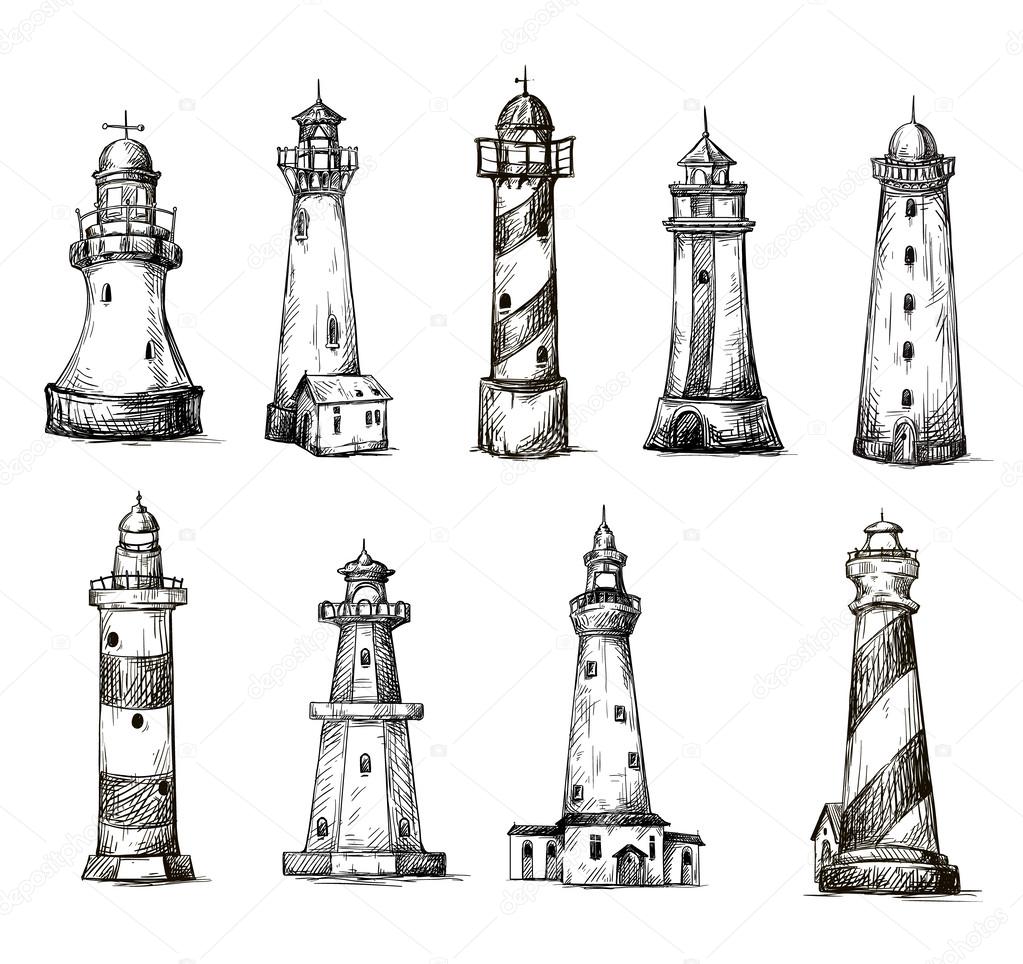 Set of cartoon lighthouses. icons. pencil drawing style.