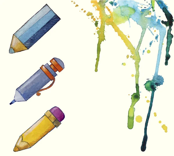 Watercolor painted pencil icons, splashes of paint — Stock Vector