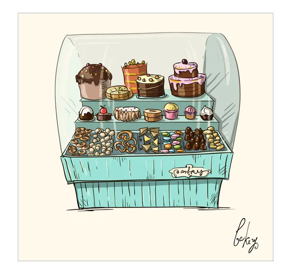 Balcão desenhado à mão com padaria. Shopwindow com ilustração de pastelaria . —  Vetores de Stock