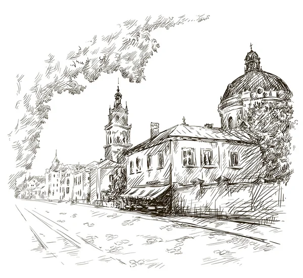 Boceto de una calle. Ciudad Vieja. Centro de la ciudad. Europa — Archivo Imágenes Vectoriales