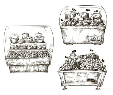 ekmek, meyve ve sebze, peynir ile çizilmiş sayaçları el. shopwindow